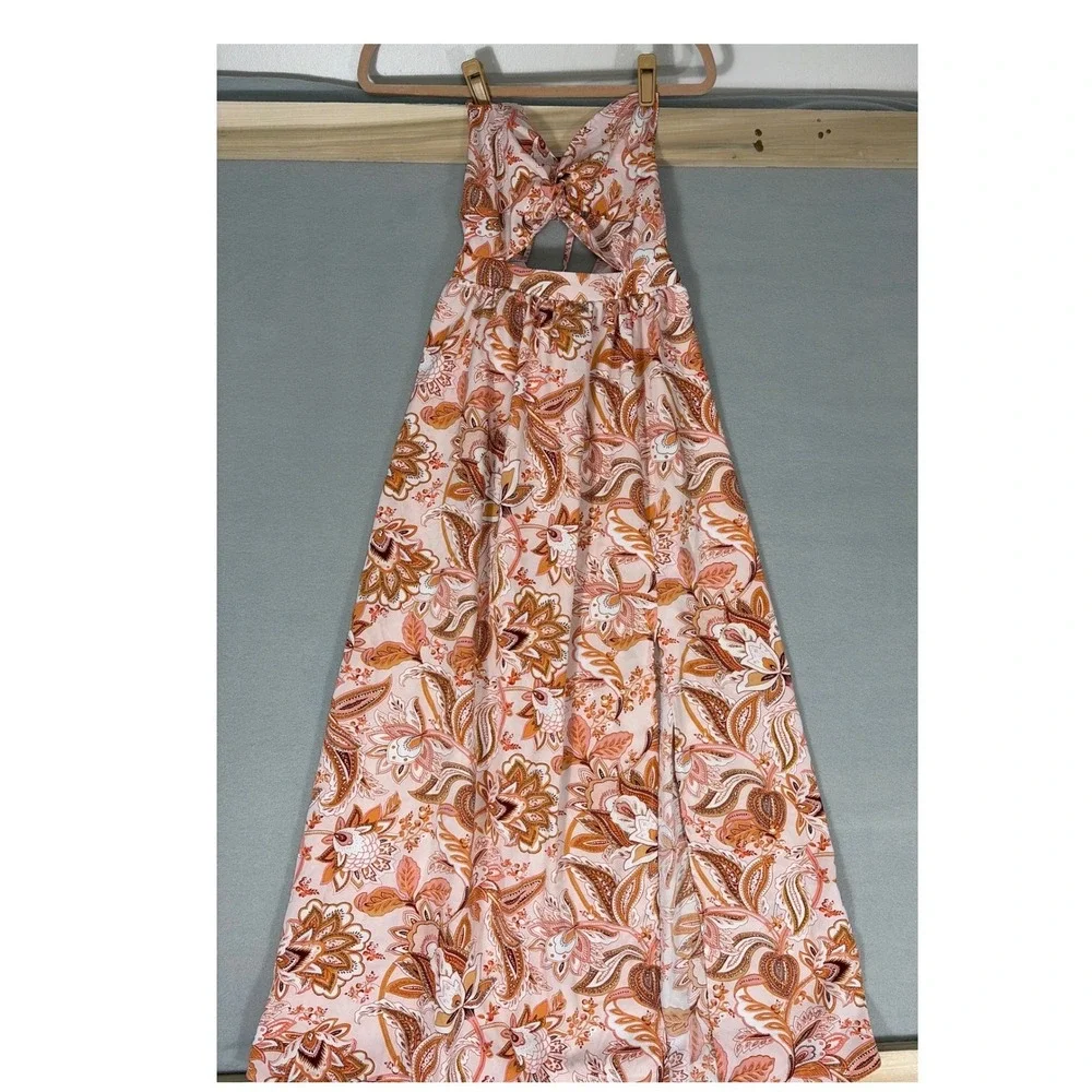 Boho Paisley Floral Halter Maxi Dress with Cutout‎ and Side Slit Orange Brown